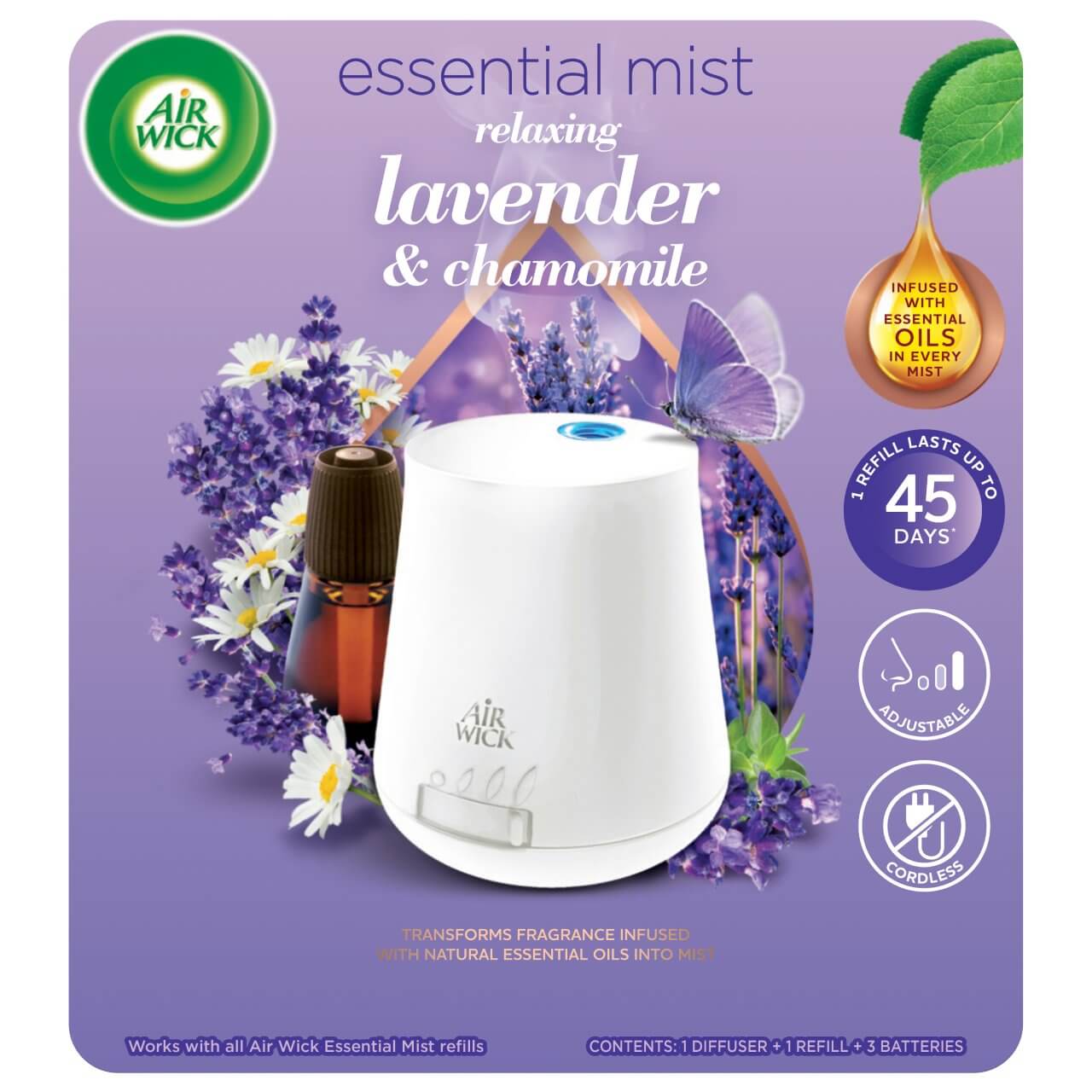 AIR WICK ESSENTIAL MIST STARTER KIT RELAXING LAVENDER & CHAMOMILE 20ML